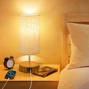 Lampada da notte - Lampada per notte 3 vie dimmerabile lampada da tavolo in legno con porte di ricarica USB A+C - lampade a tocco - cappuccio in lino - piccola lampada da tavolo per camera da letto soggiorno