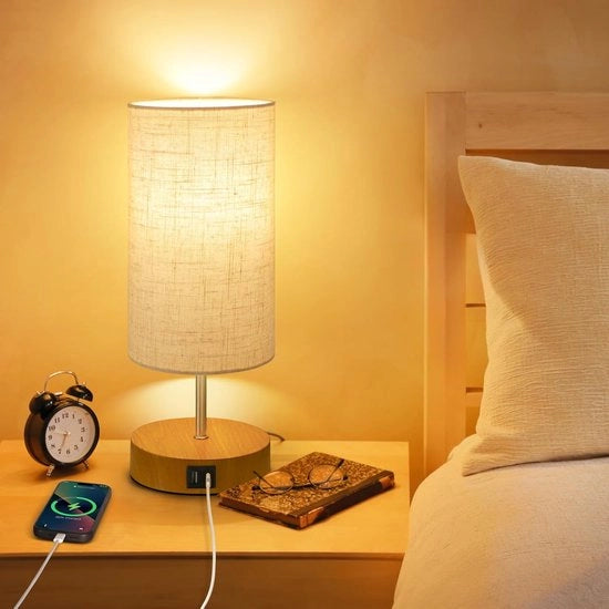 Lampada da notte - Lampada per notte 3 vie dimmerabile lampada da tavolo in legno con porte di ricarica USB A+C - lampade a tocco - cappuccio in lino - piccola lampada da tavolo per camera da letto soggiorno