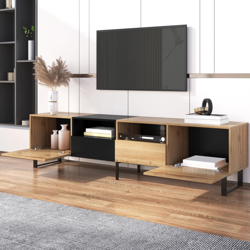 Mobile porta TV 190x38x48 cm; ampio spazio con 2 ante e 2 cassetti; MDF; nero e colore naturale
