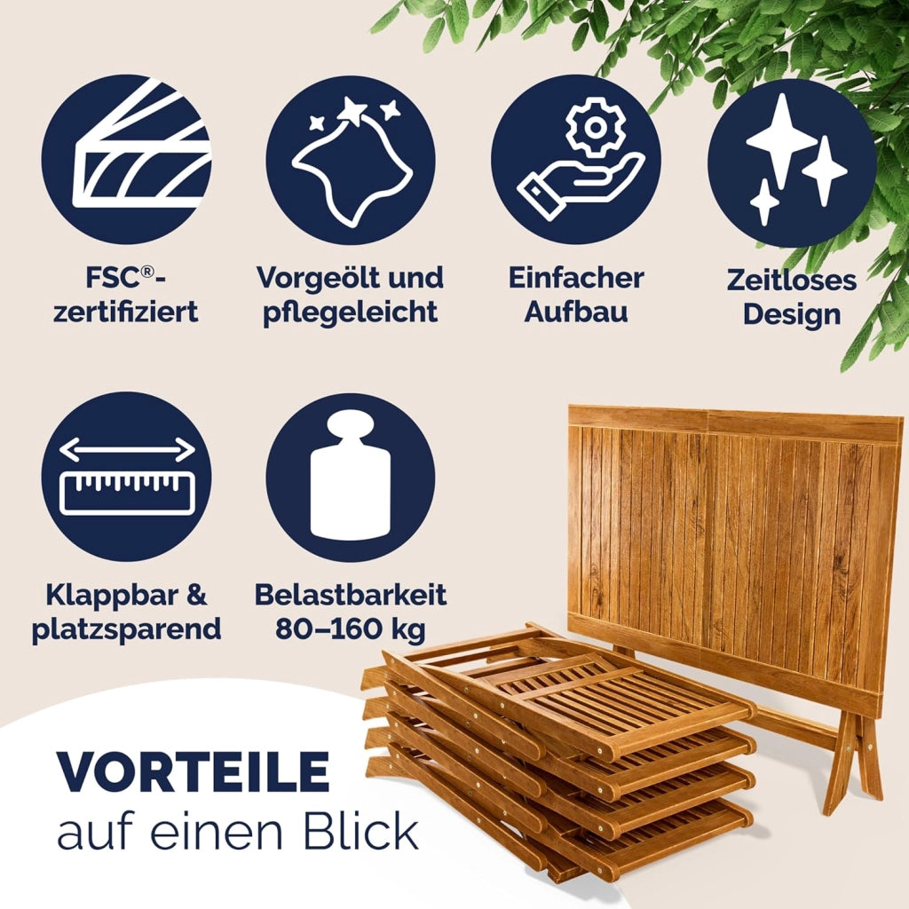 ® Set di Mobili da Giardino 5 Pezzi Modello 2026 - NOVITÀ: Tavolo Extra Stabile con Rinforzo in Legno di Acacia FSC®, 4 Sedie Pieghevoli per Giardino Balcone Esterno