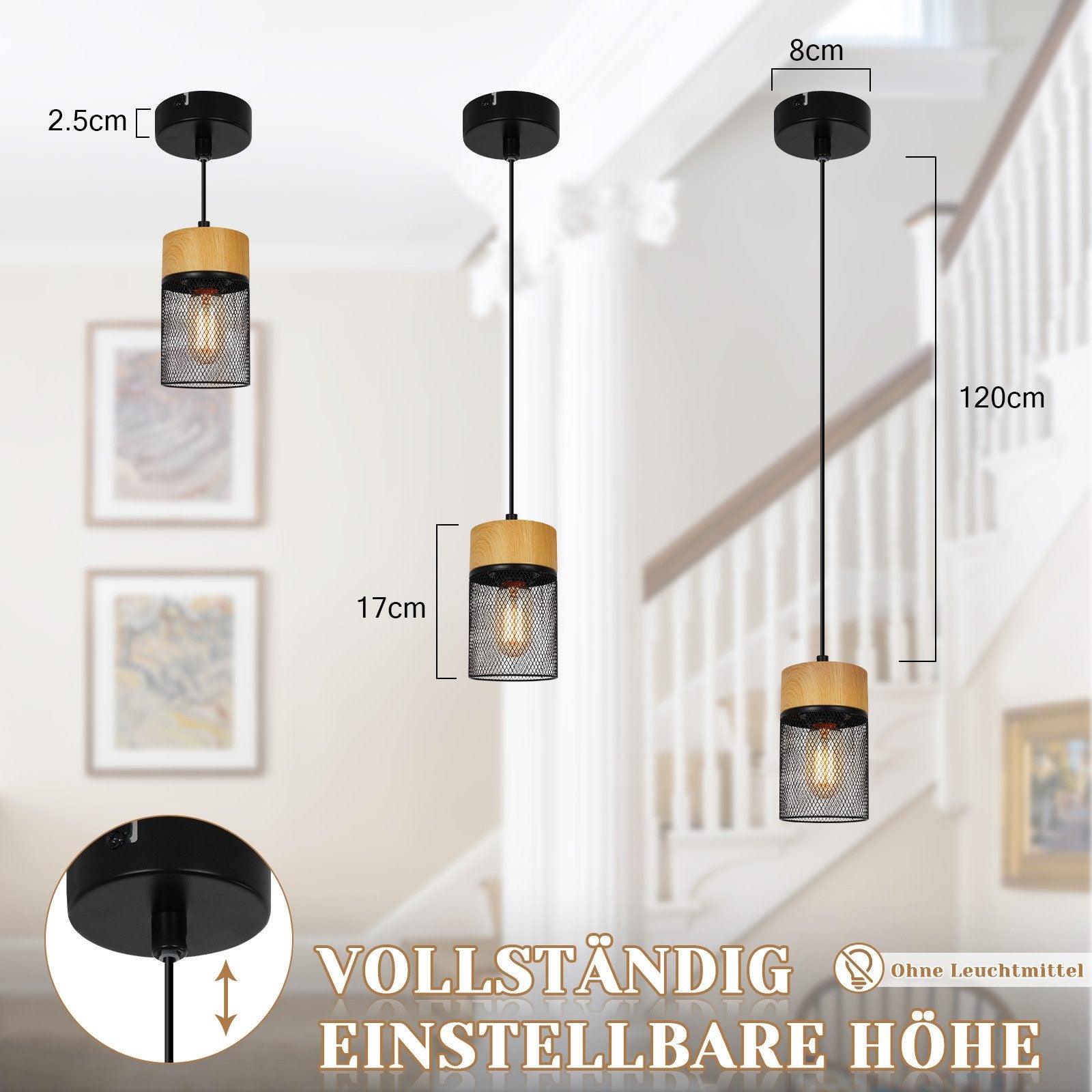 Lampada a sospensione ZMH 1 luce barra legno nero venature per sala da pranzo corridoio e bar