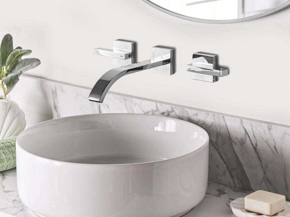 Rubinetto Miscelatore per lavabo a parete in ottone argentato 3 fori per rubinetti doppia leva