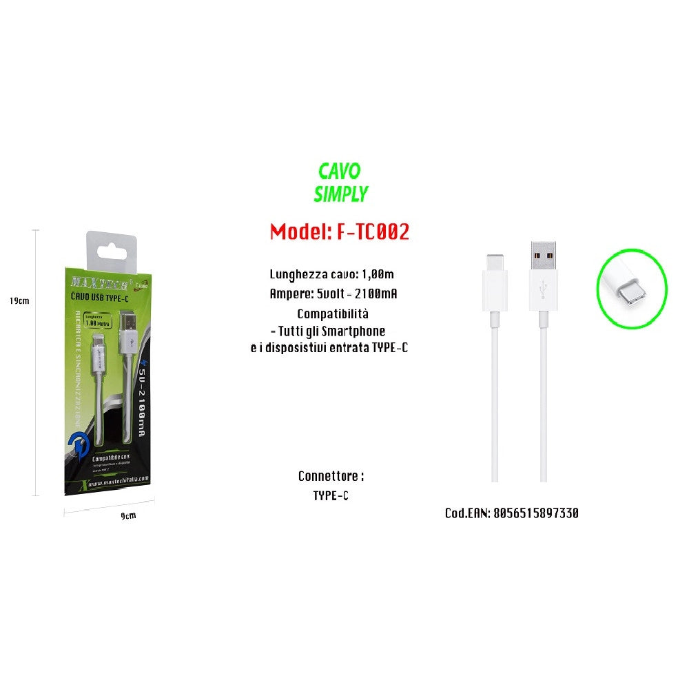 Trade Shop - Cavo Usb Per Ricarica Smartphone Ipad 1,00mt Simply 5v-2100ma Maxtech F-tc002 -