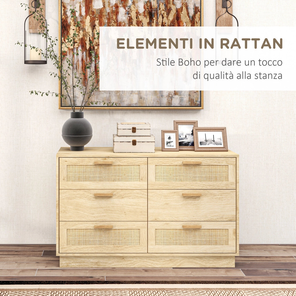 Cassettiera 6 Cassetti Stile Boho 110x40x69 cm in Legno e Rattan Rovere