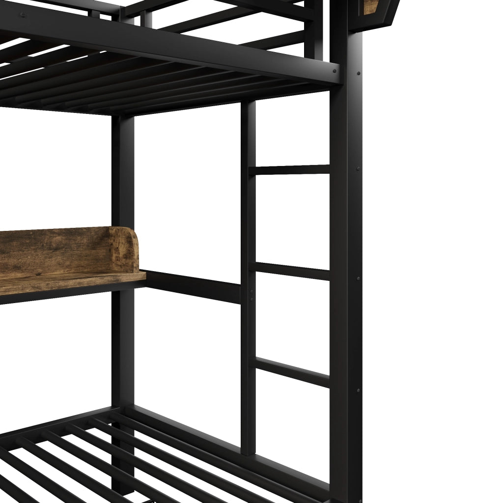 Letto a castello 90 × 200 cm con LED, 2 cassetti, ripiano et cestino, senza materasso, in metallo e MDF, nero
