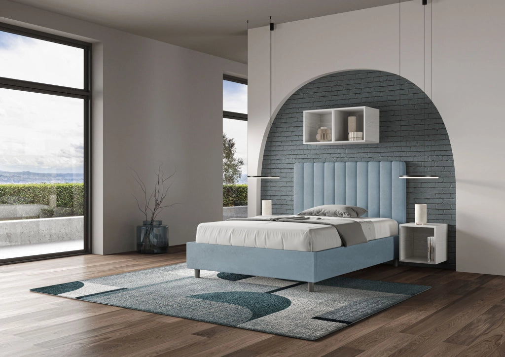 BS COM Letto una piazza e mezza con rete imbottito 120x200 microfibra azzurro