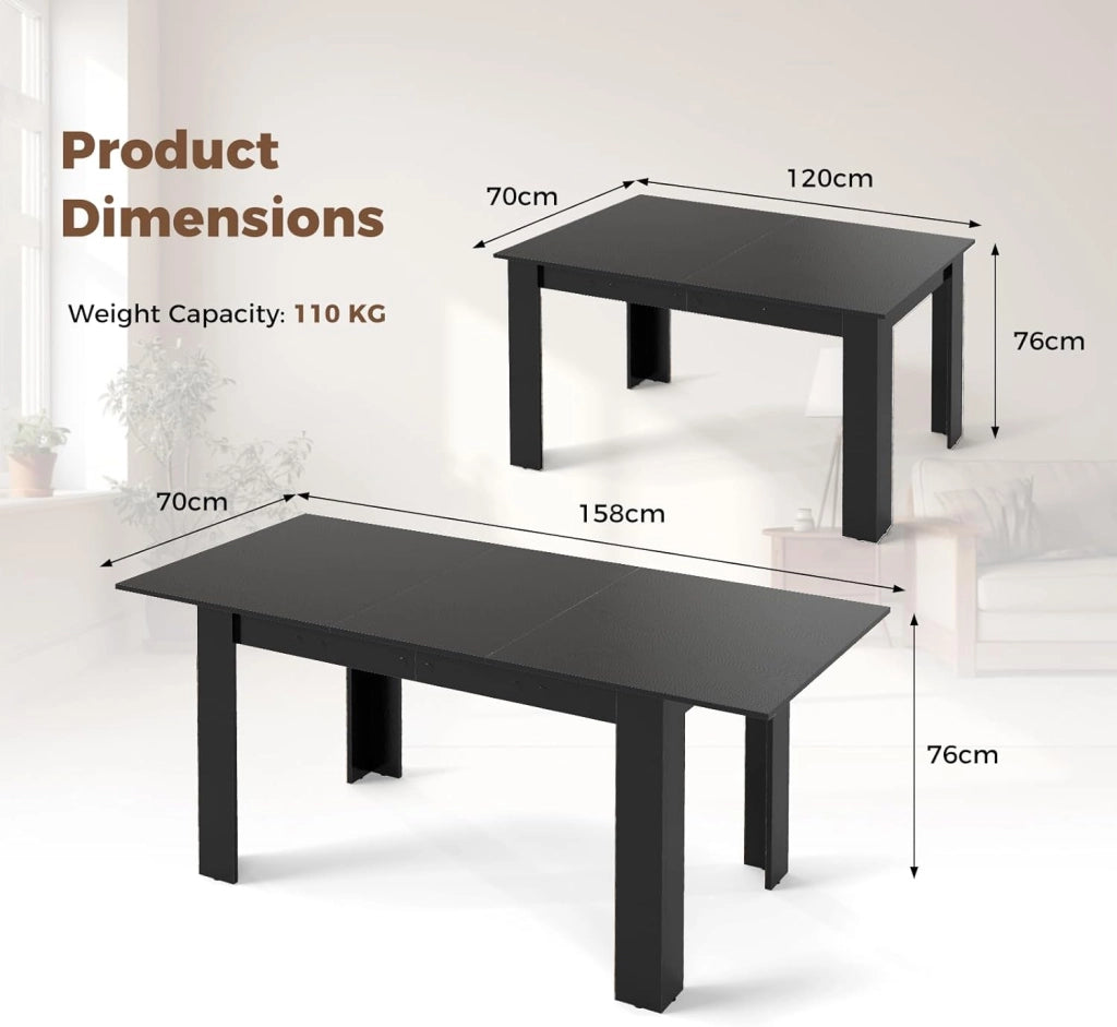 Tavolo da pranzo allungabile 120/158 x 70 x 76 cm, tavolo da cucina moderno con piano estensibile gambe a forma di L, per 4-6 persone, per sala da pranzo, balcone (nero)