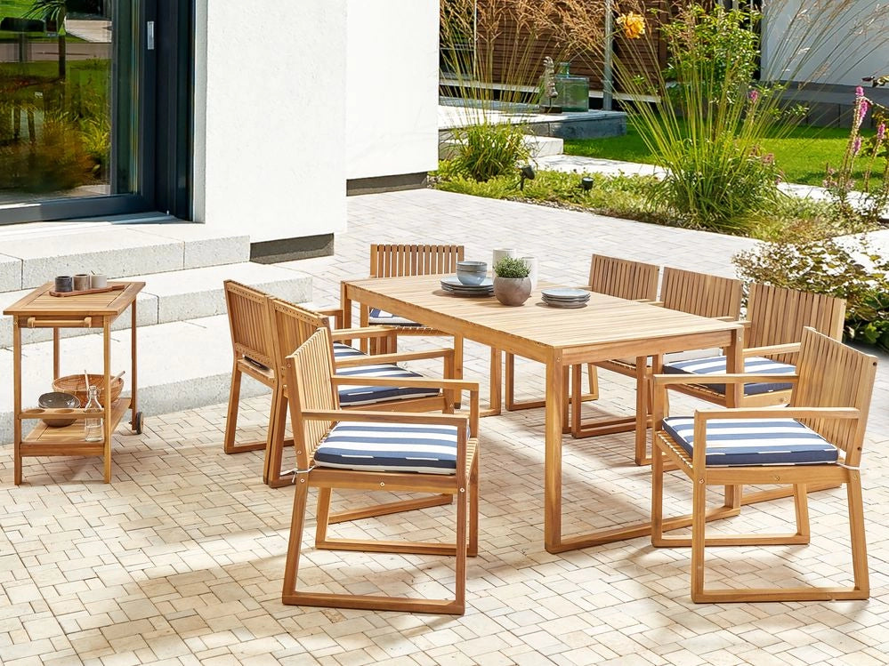 Set da Giardino Legno di Acacia chiaro con Tavolo e 8 Sedie con Cuscini blu e bianco giardino terrazzo