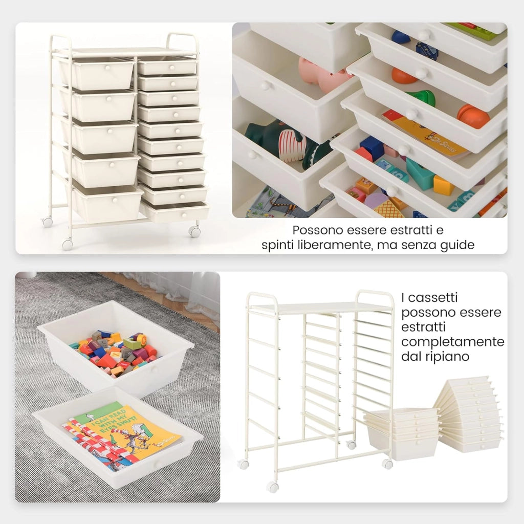 Carrello con 15 Cassetti Impilabili, Carrello di Stoccaggio con Ruote, Carello Portaoggetti per Casa e Ufficio, 62,5 x 37 x 87 cm (Bianco)