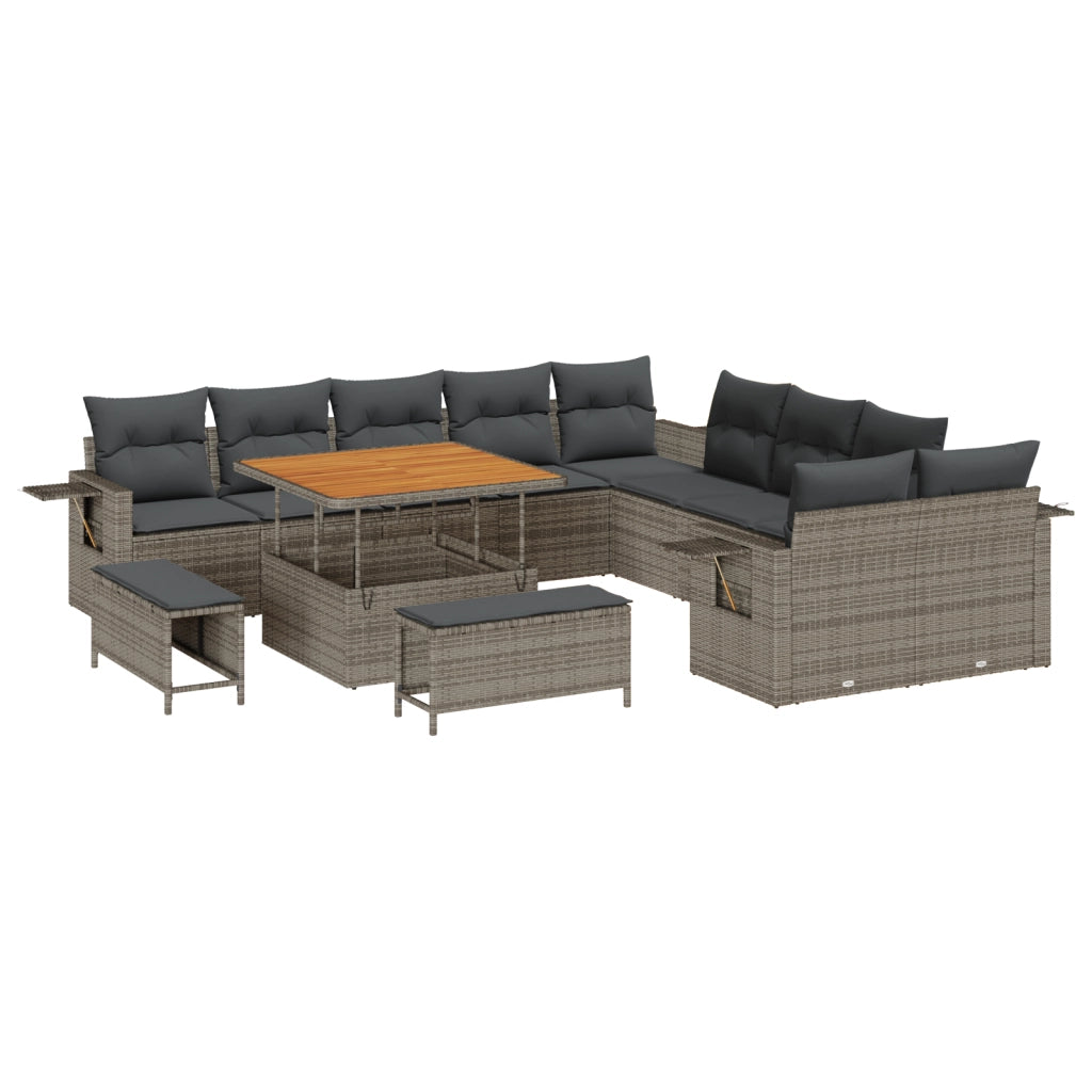 Set Divano da Giardino da 13 Pezzi con Cuscini Grigio Polyrattan Acacia