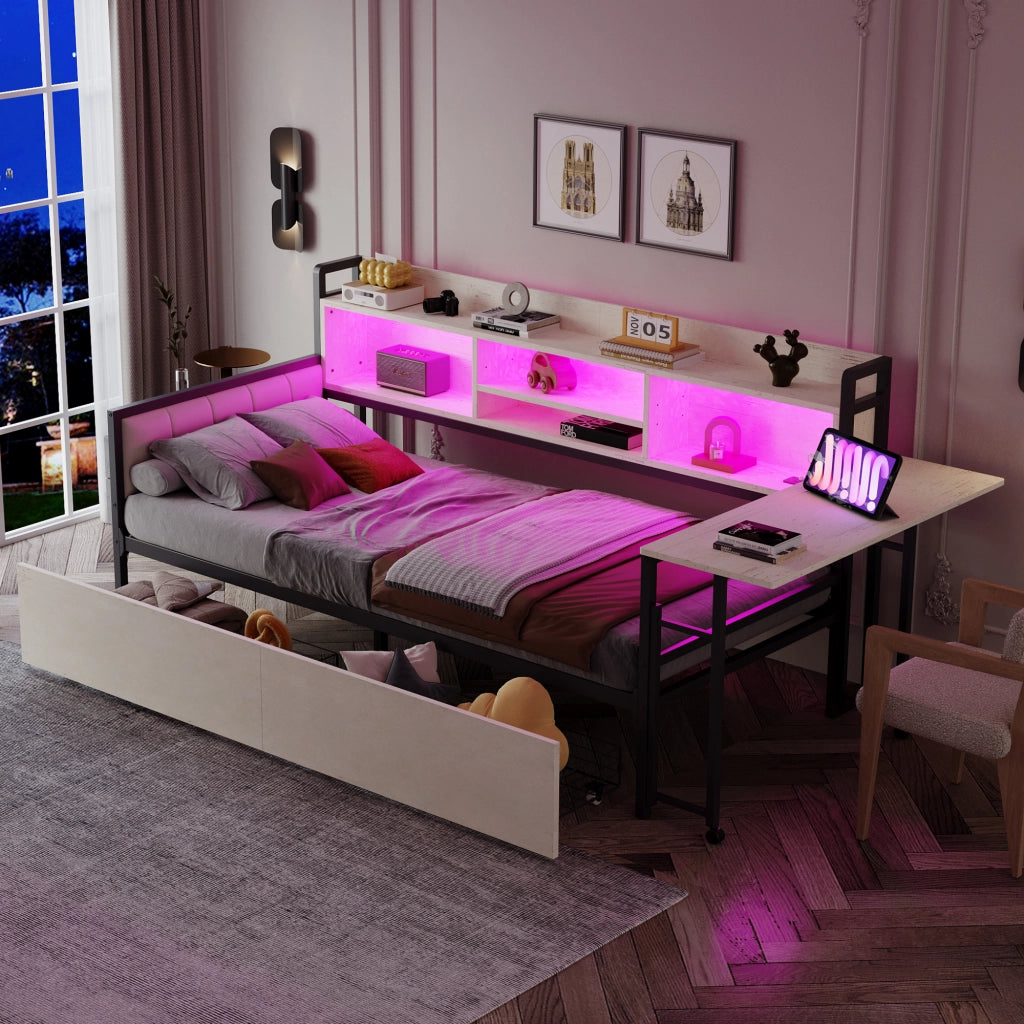 OKWISH Letto a Divano 90×200 cm, Letto Singolo con 2 Cassetti, LED, USB, Tipo C e Scrivania Ribaltabile, senza Materasso, Metallo, Bianco