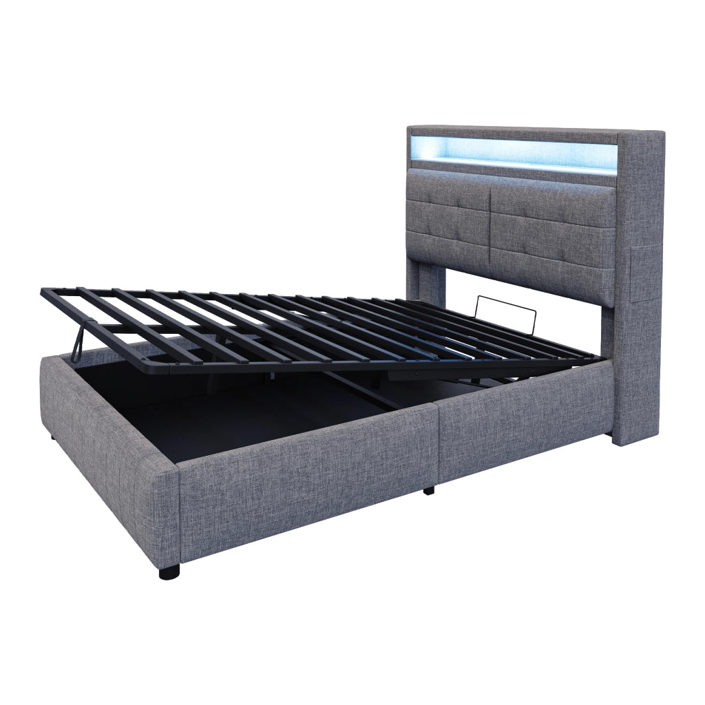 DESMIU Letto matrimoniale 140 × 200 cm con LED, USB, contenitore idraulico e ripiani, senza materasso, grigio