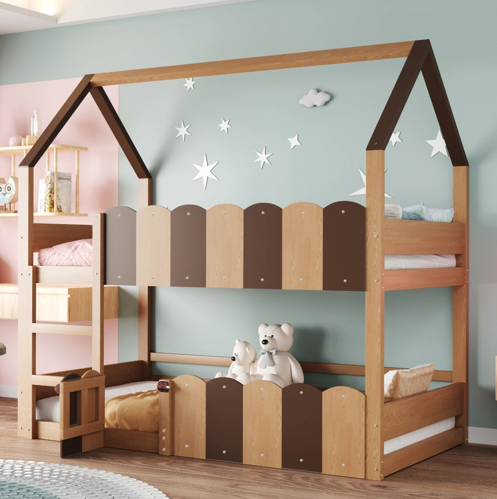 Letto a castello per bambini a forma di casa 90x200 cm in legno naturale con sbarre di sicurezza
