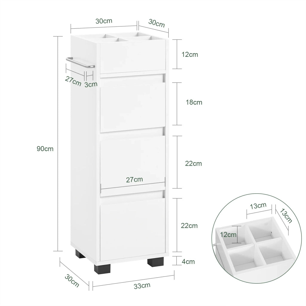 Mobiletto Bagno salvaspazio Cassettiera Bagno 3 cassetti e 4 Scomparti da organizzare L30*P30*A90 cm Bianco BZR29-W