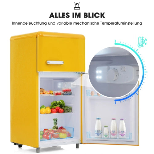 Frigorifero retrò; frigorifero a doppia porta; volume totale 72L; congelatore 21L; luce LED; efficiente energetico; giallo
