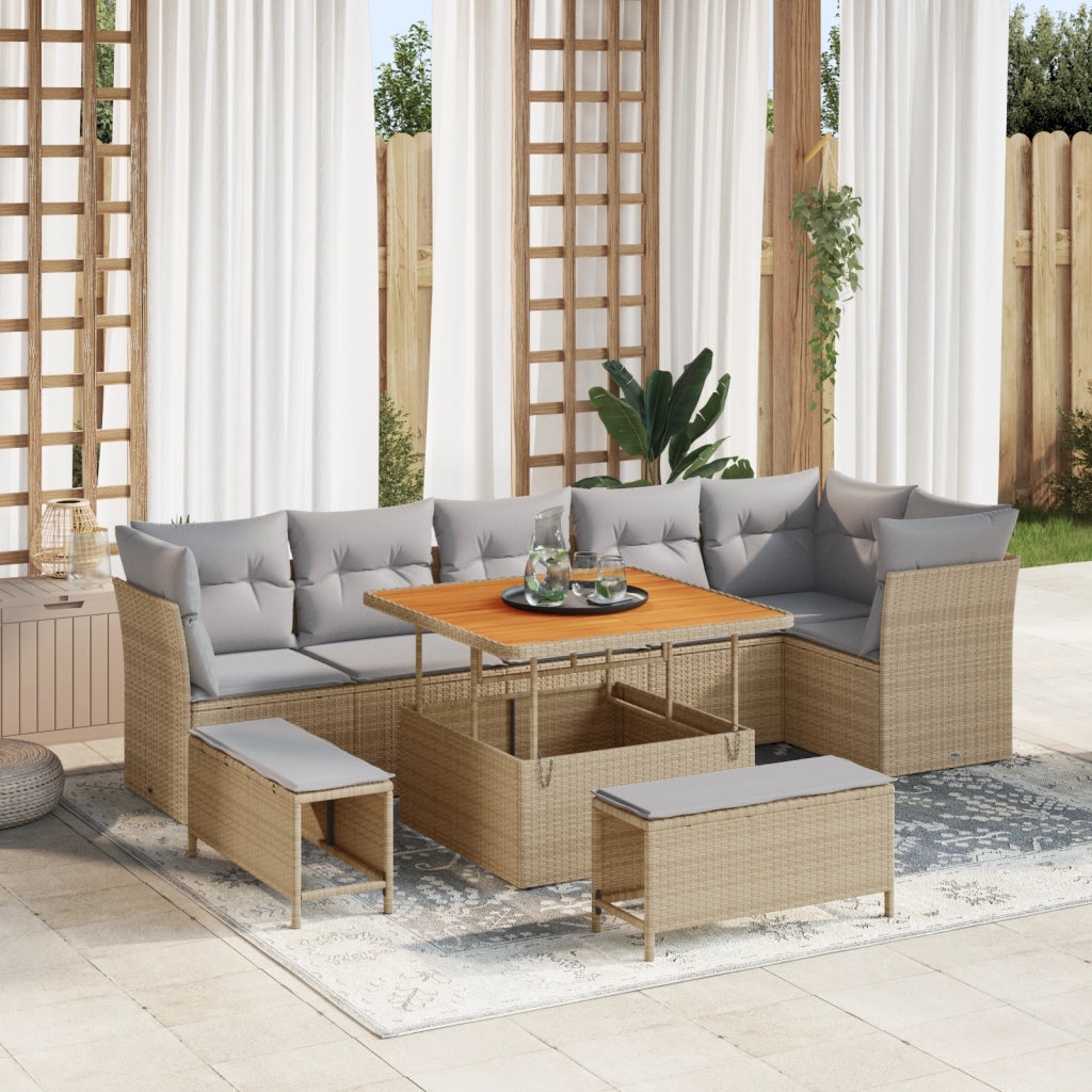 Set di Divano da Giardino  9 Pezzi con Cuscini Beige Polyrattan Acacia