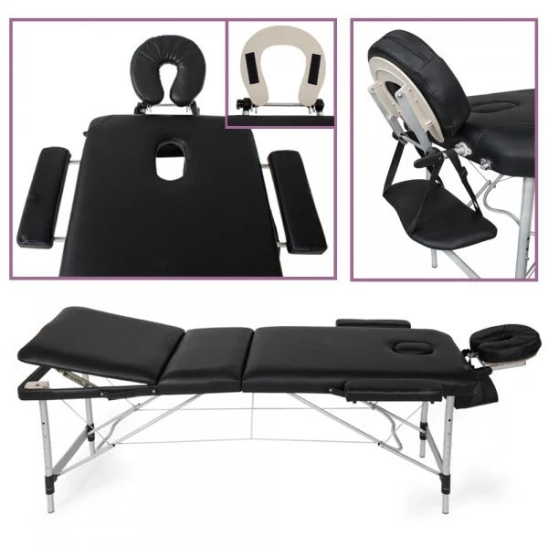 Lettino da massaggio pieghevole con imbottitura spessa 3 sezioni struttura in alluminio portatile copertura nera 08_0000451