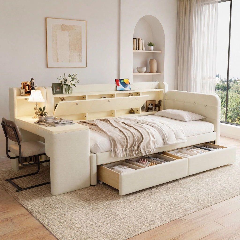 Daybed 90x200 cm con scrivania, 2 cassetti e vano contenitore