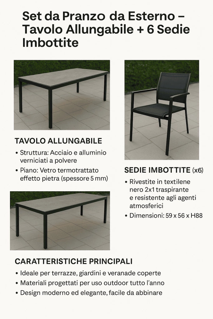SET DA PRANZO PER ESTERNO GIARDINO COMPLETO DI TAVOLO E 6 SEDIE MODELLO "CASSIS"