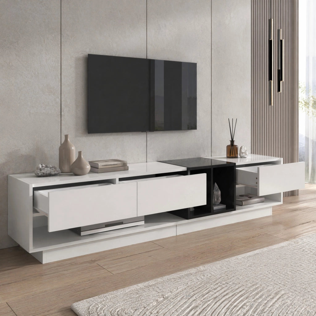 MOBILE TV 190x40x42 cm Bianco e Nero Lucido in Truciolare con 3 Cassetti