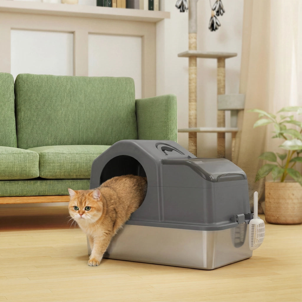 Lettiera Gatto Chiusa XL 60,5x40,5x45 cm con Coperchio Paletta Tappetino di Raccolta in Acciaio Inox Grigio Scuro