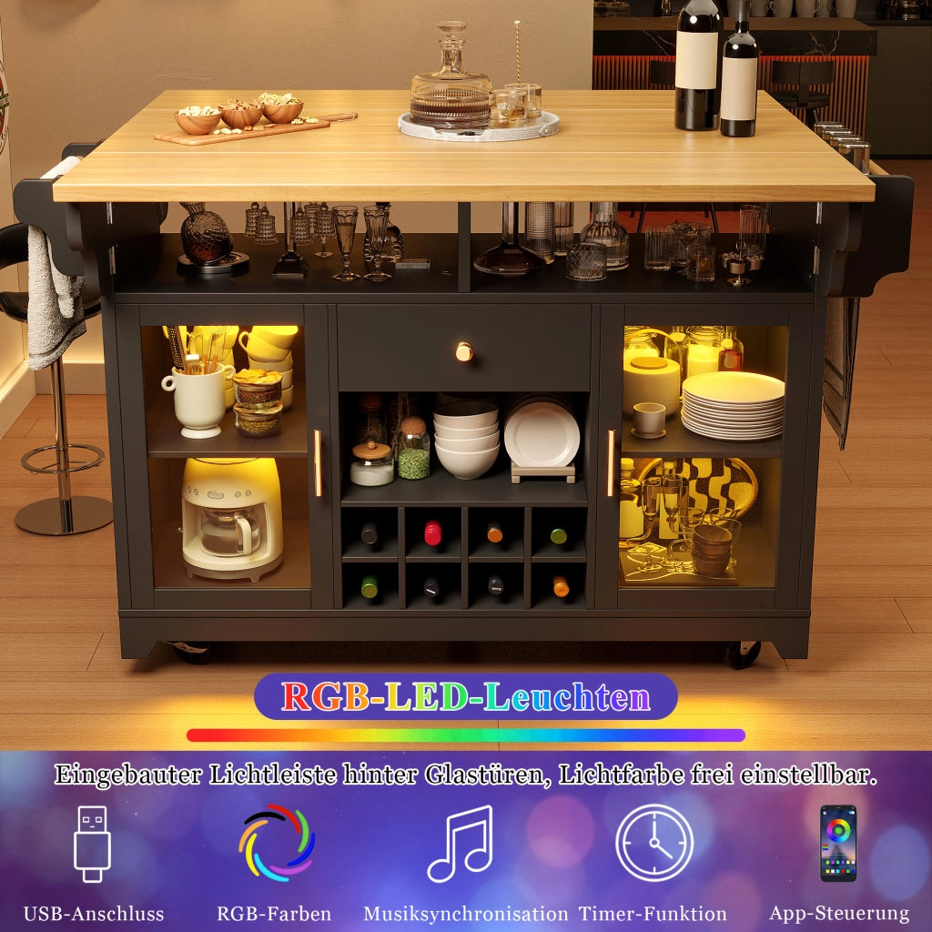 Carrello servitore con illuminazione LED RGB; estensioni ribaltabili e cantinetta; nero; altezza 95 cm