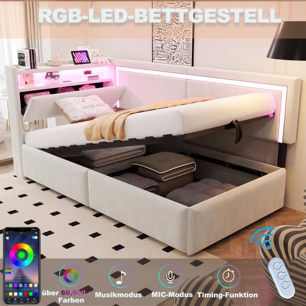 Letto singolo contenitore 90×200 cm con LED; USB; testiera con ripiani; senza materasso; velluto beige