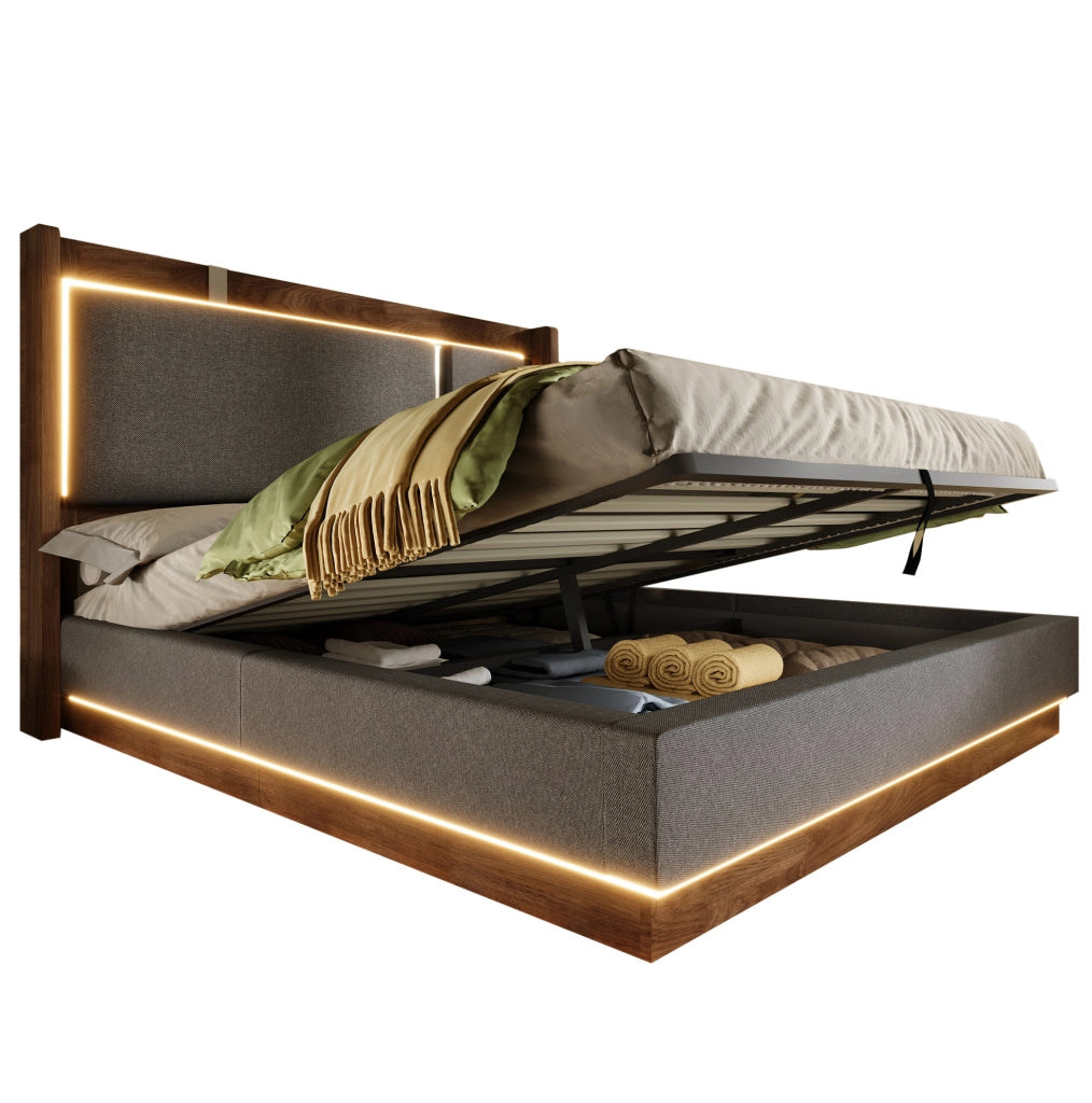 Letto matrimoniale 180x200 cm con contenitore; LED integrati; grigio e noce