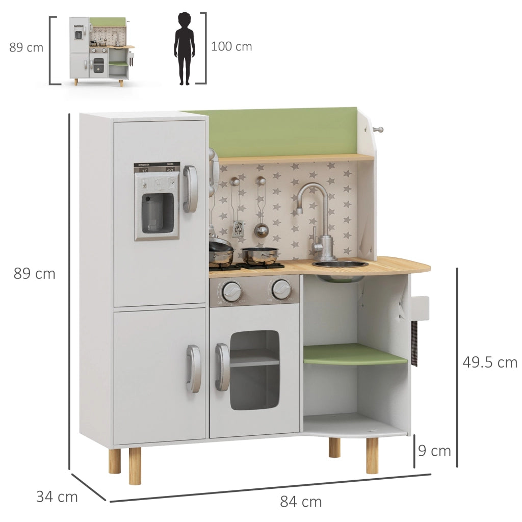 EasyComfort Cucina Giocattolo per Bambini 3-6 Anni con Macchina del Ghiaccio e Utensili, 84x34x89 cm, Bianco e Verde