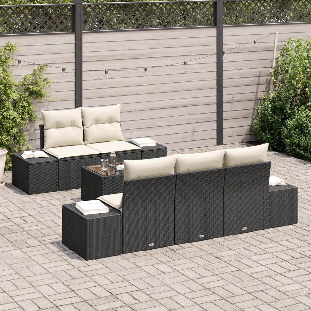 Set di divani da giardino da 6 pezzi con cuscini neri in polyrattan