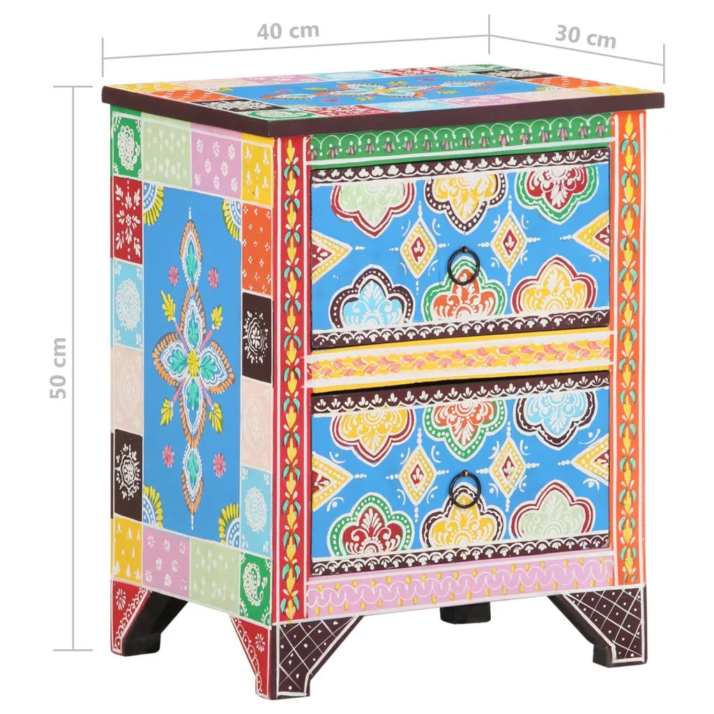 Comodino Dipinto a Mano-Tavolino da notte 40x30x50 cm in Legno Massello di Mango 447795