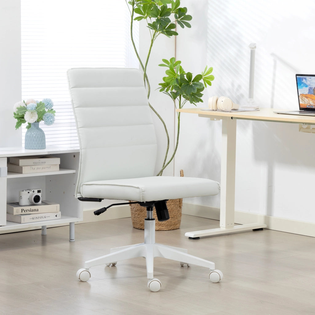 Sedia da Ufficio Ergonomica e Regolabile con Schienale Ricurvo, in Pelle PU e Acciaio, 58x53x97-107 cm, Bianco