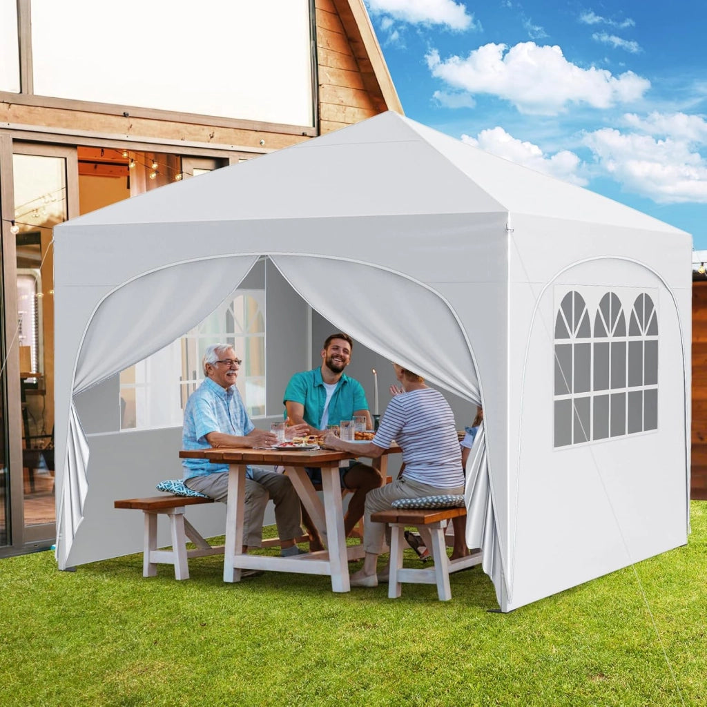 Gazebo Piehevole da Esterno 3 x 3 m, Gazebo Regolabile in Altezza con Pareti Rimovibili, Borsa con Ruote, Picchetti, Ancoraggi, Corde Vento e Sacchi di Sabbia, Tendone per Giardino (Bianco)
