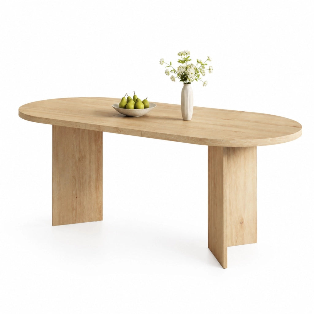 Tavolo da pranzo per 6-8 persone con piano ispessito e angoli arrotondati; in MDF; rovere