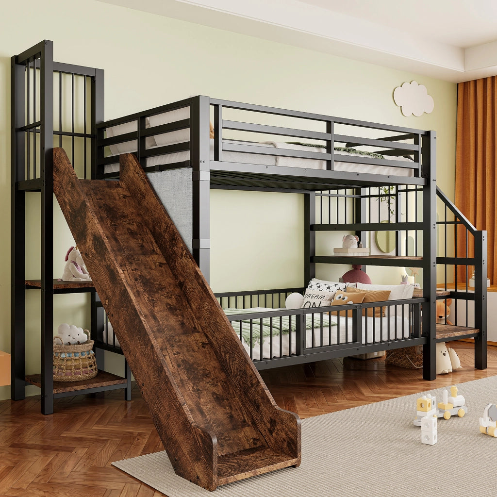 OKWISH Letto a soppalco 90×200 cm, Letto Singolo con Scala Contenitore, Scivolo, Mensole e Spondine, senza Materasso, in Metallo, Nero