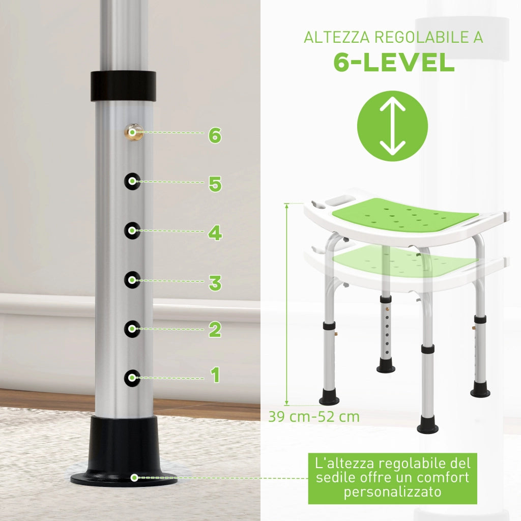 Sgabello da Doccia Altezza Regolabile 6 Livelli 39-52 cm in Lega di Alluminio e Plastica Antiscivolo Verde