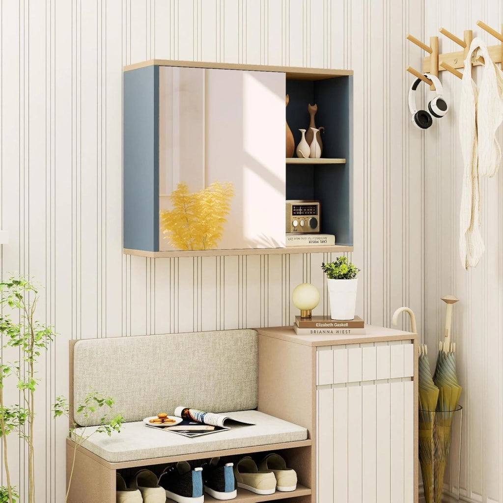 Armadio da Bagno con Specchio, Mobile da Parete con Porta Specchiata, Ripiano Regolabile e Scomparti Laterali Aperti, Mobile Salvaspazio per Soggiorno