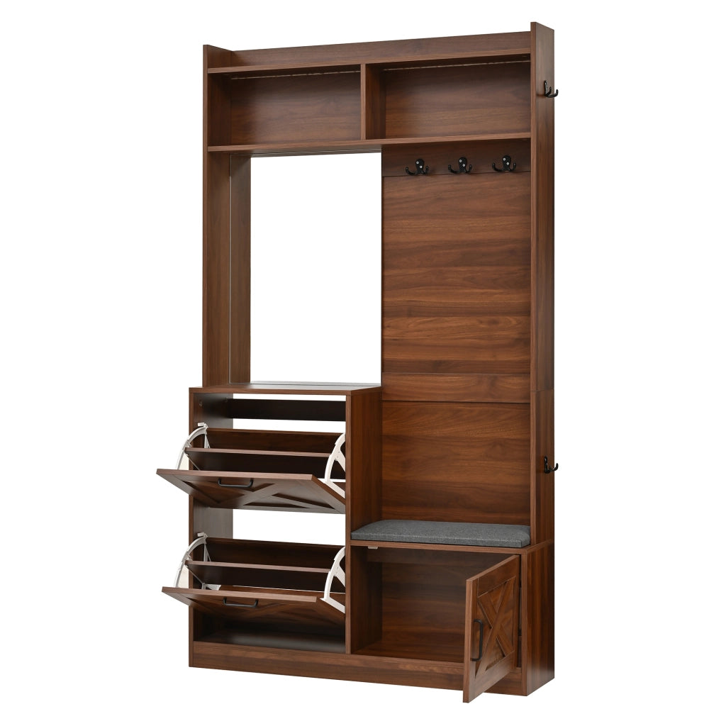 Mobili da ingresso con specchio; 2 vani ribaltabili per scarpe; LED regolabile via app; panca; noce; 100 × 25 × 180 cm