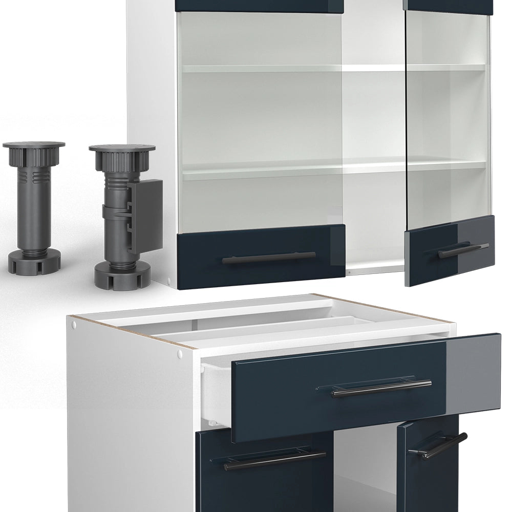 Mobili da cucina Fame-Line Blu scuro lucido/Bianco 140 cm, PL Antracite Vicco