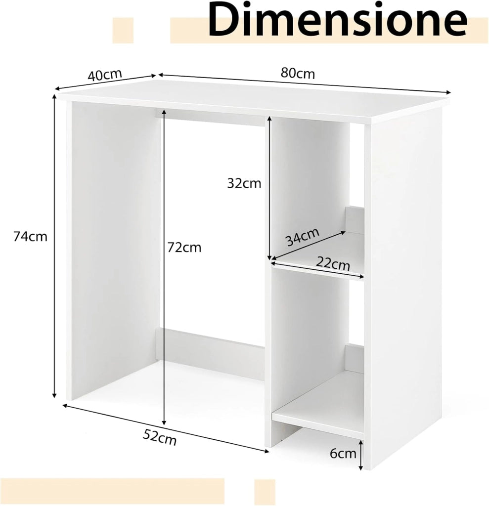 Scrivania per Computer in Legno con 2 Ripiani per Ambienti Piccoli, Scrivania Moderna e Salvaspazio da Casa e Ufficio, 80 x 40 x 74 cm (Bianco)