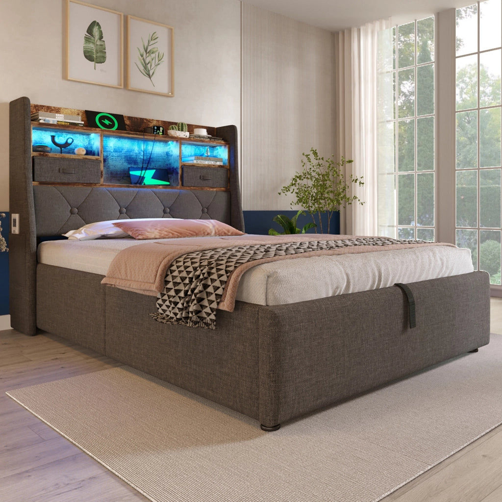 LETTO contenitore 90x200 cm in lino grigio con LED, USB e testiera con ripiano