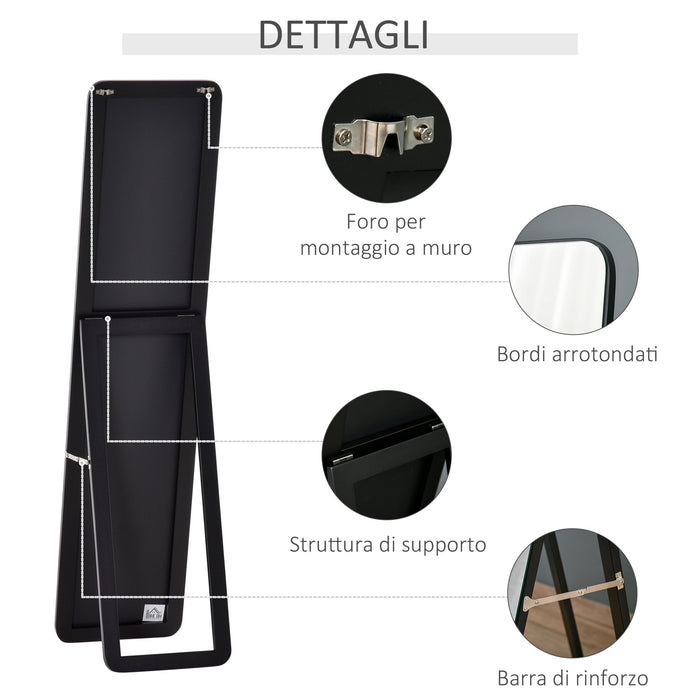 Specchio da Terra e da Parete 37x43x156 cm con Struttura in Legno e Supporto Pieghevole Nero