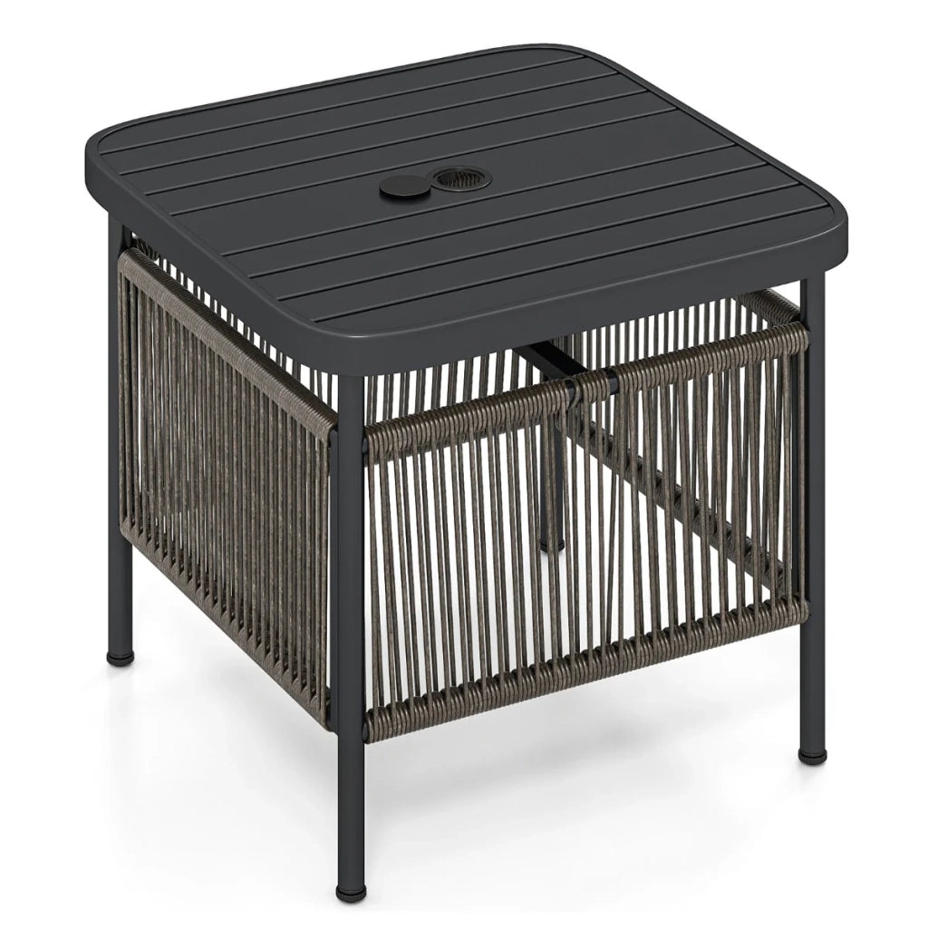Tavolino da esterno 52 x 46 x 45 cm con foro per ombrellone e pratico contenitore stile moderno metallo nero 20_0014064