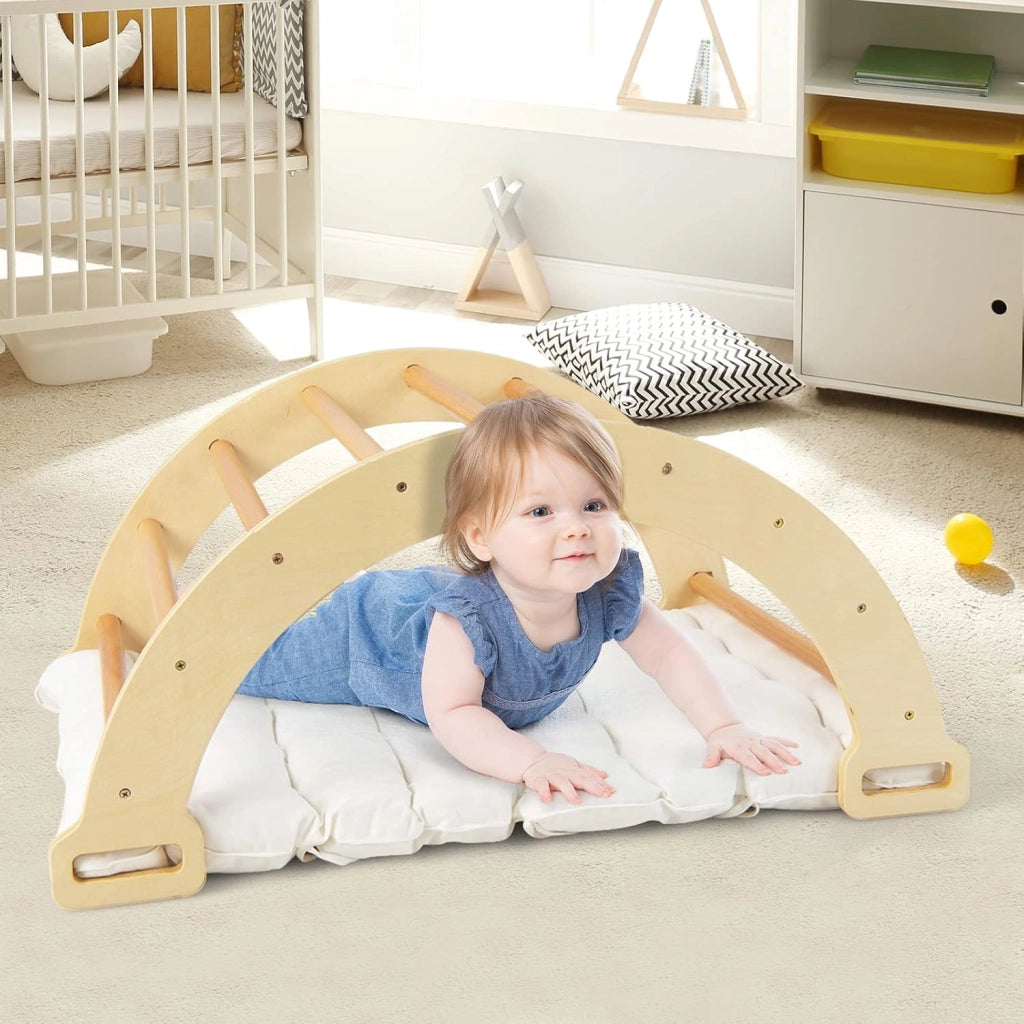 Arco da Arrampicata per Bambini, 2 in 1 Altalena ad Arco in Legno con Cuscino Morbido, Doppia Faccia, Ideale per Bambini 1+ Anni (Naturale)
