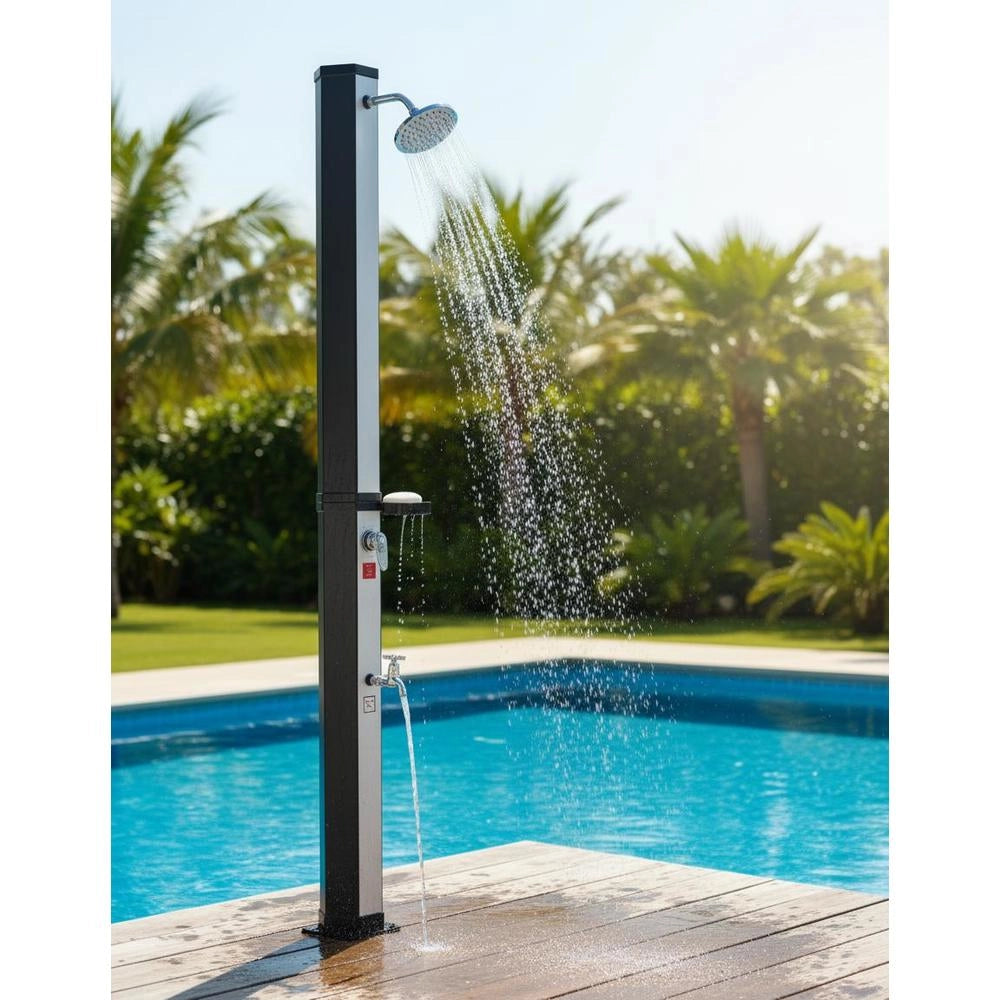 Solar Shower 35 L, Garden Shower 2160 Mm, Outdoor Shower With Foot Tap & Soap Dish, Hot & Cold Water Regulation, Max. 60°C, Camping Shower For Garden, Pool Area, Beach Pool, Black/silver