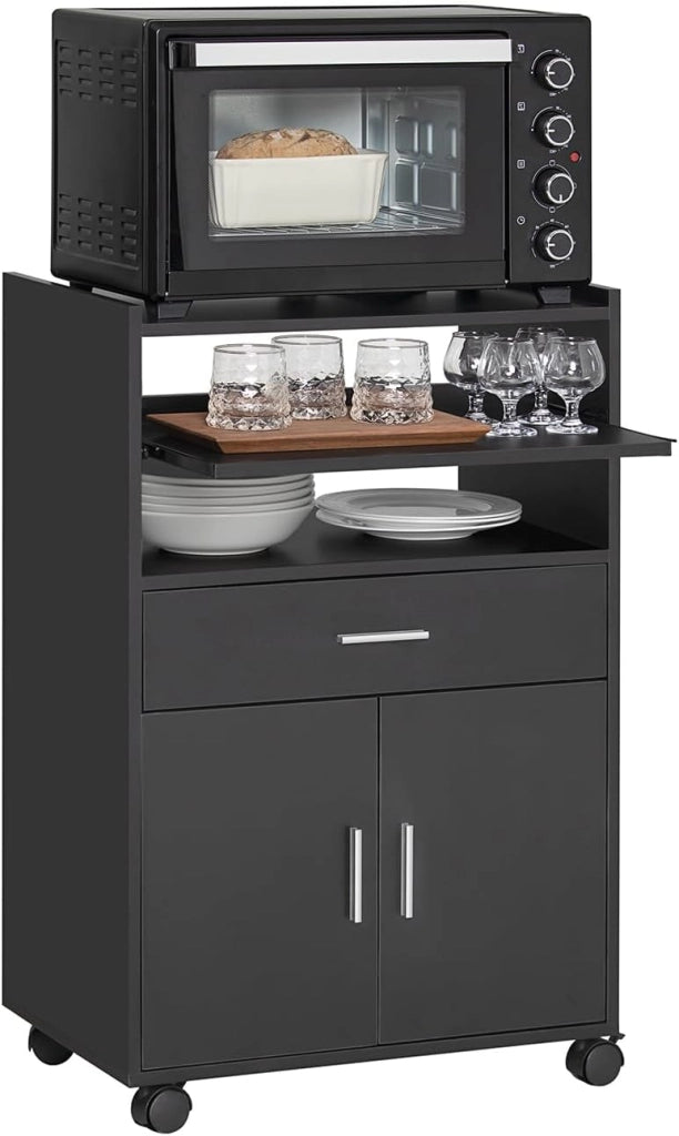 Carrello Cucina con Ruote, Mobile Microonde con Piano Estraibile e Cassetto, Mobile Cucina Salvaspazio per Piccoli Ambienti, Cucina, Coffee Station e Soggiorno, Bianco 59×40×92 cm FSB09-W