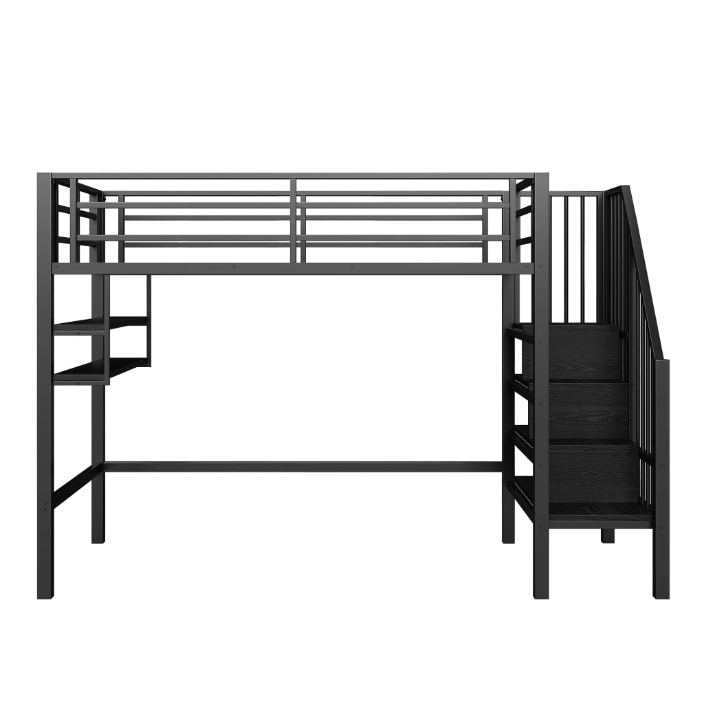 DESMIU Letto a soppalco per bambini 1 posto con scaffali, scala contenitore e barriera 90 × 200 cm, senza materasso