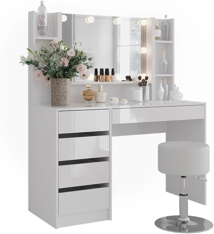 Tavolo da toeletta Sherry, Bianco/bianco lucido, 119.8 cm 5 parti