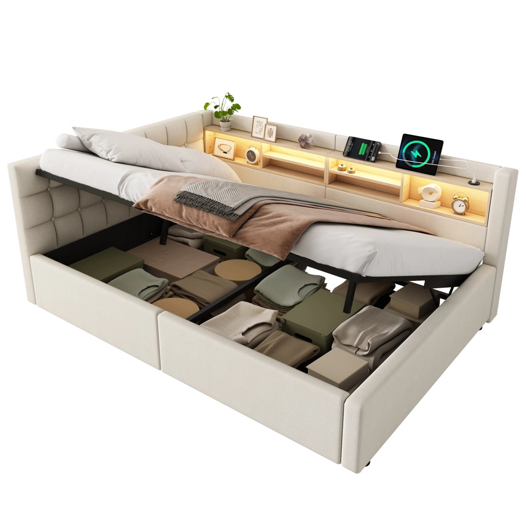 Letto singolo 90x200 cm contenitore con sollevamento idraulico e mensole; lino e MDF grigio