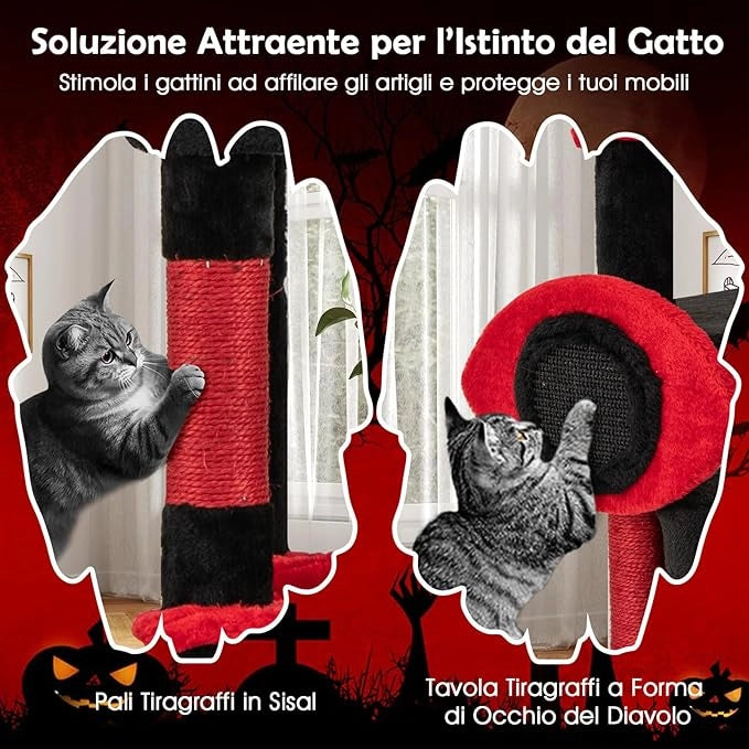 Tiragraffi per Gatto Alto 133 cm Stile Gotico Vampiro, Albero Tiragraffi Gatti con Pali a Corda in Juta, Amaca e Grotta, Cuccia Albero Gatto Rivestito con Giocattolo Ragno, Rosso e Nero